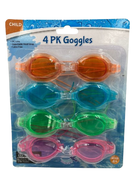 Swim Goggles Multi-Colors 4 Pack Ages 4 & Up Adjustable (Transparent Colors)